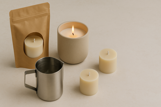 Minimalist candle scene with ceramic vessel, soy wax refills, and pouring pitcher on neutral background.