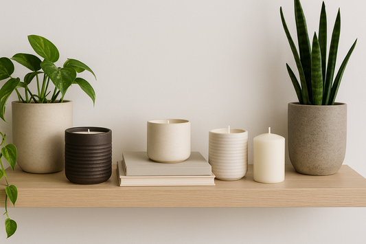 Shelf with ceramic candles, books, and potted plants in a modern minimalist style.