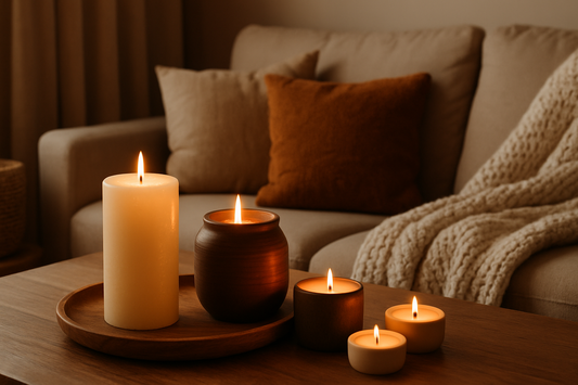 Cozy living room with glowing candles, soft textures, and a warm, earthy palette.