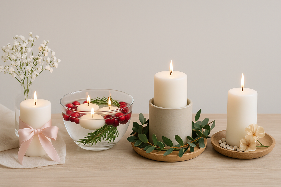 Seasonal candle arrangements with floral, greenery, and floating accents on a wooden surface.