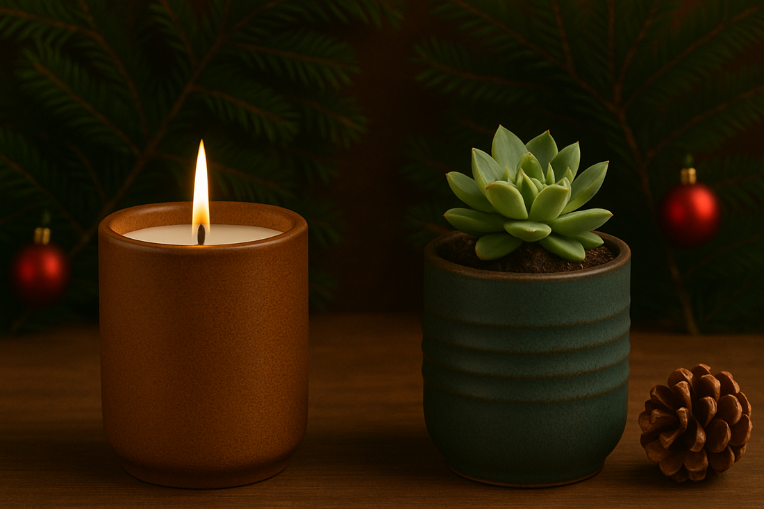 A lit refillable candle and a succulent in ceramic vessels with holiday greenery and ornaments in the background