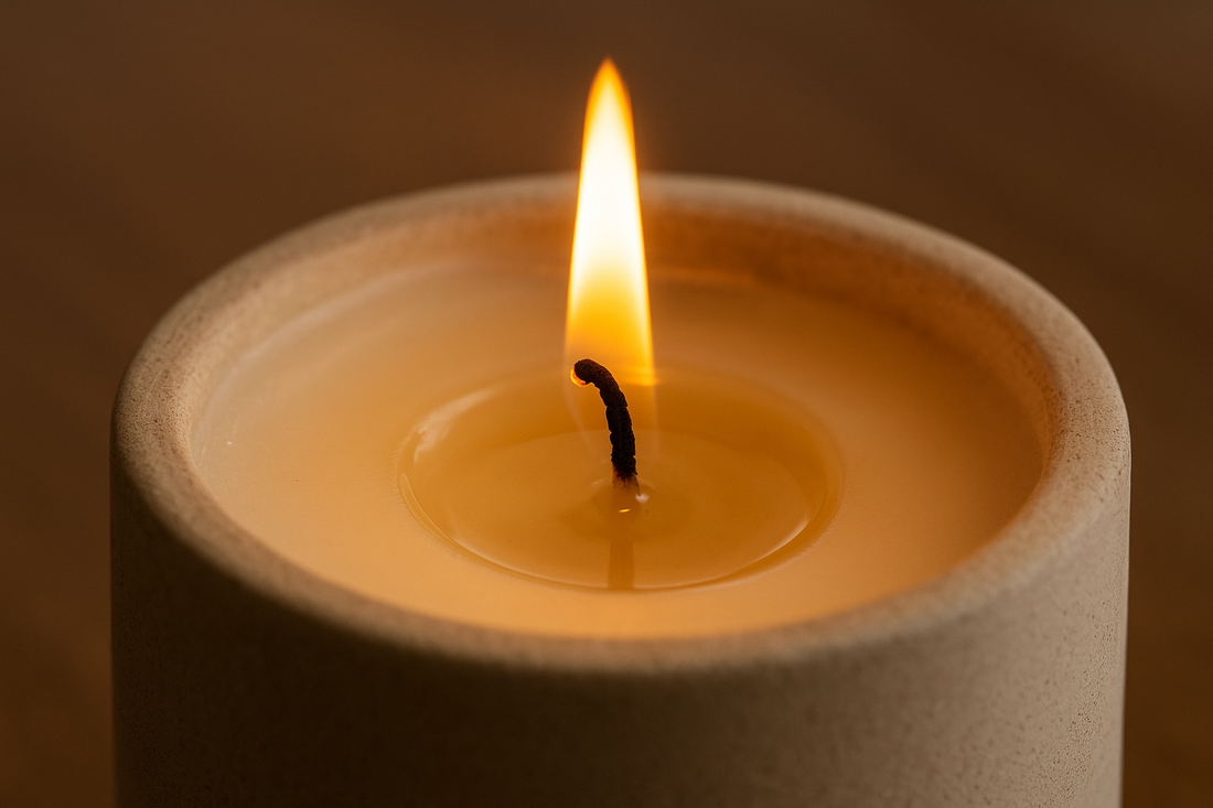 Close-up of a lit candle with a cotton wick and melted soy wax.