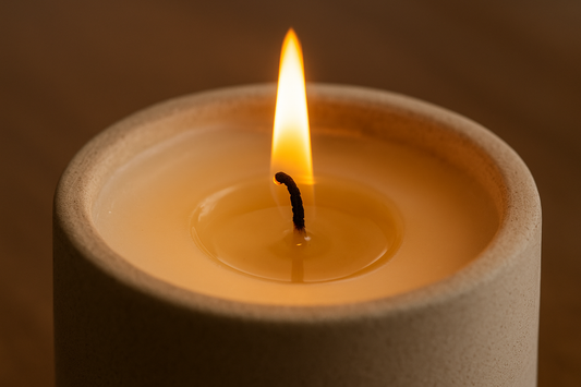 Close-up of a lit candle with a cotton wick and melted soy wax.