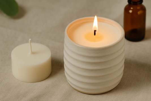 Lit clean candle in a ceramic vessel with a soy wax refill beside it.