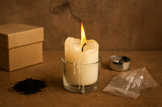 A partially burned white candle in a glass jar emits smoke, surrounded by ash, a metal tealight casing, a plastic wrapper, and cardboard boxes on a brown surface.