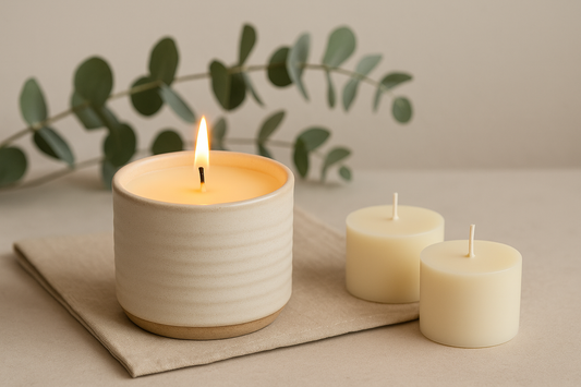 Lit candle in a ceramic holder with two refills, each with visible wicks, beside eucalyptus.