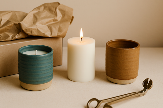 Ceramic candle vessels with a lit and unlit candle, styled on a neutral surface.