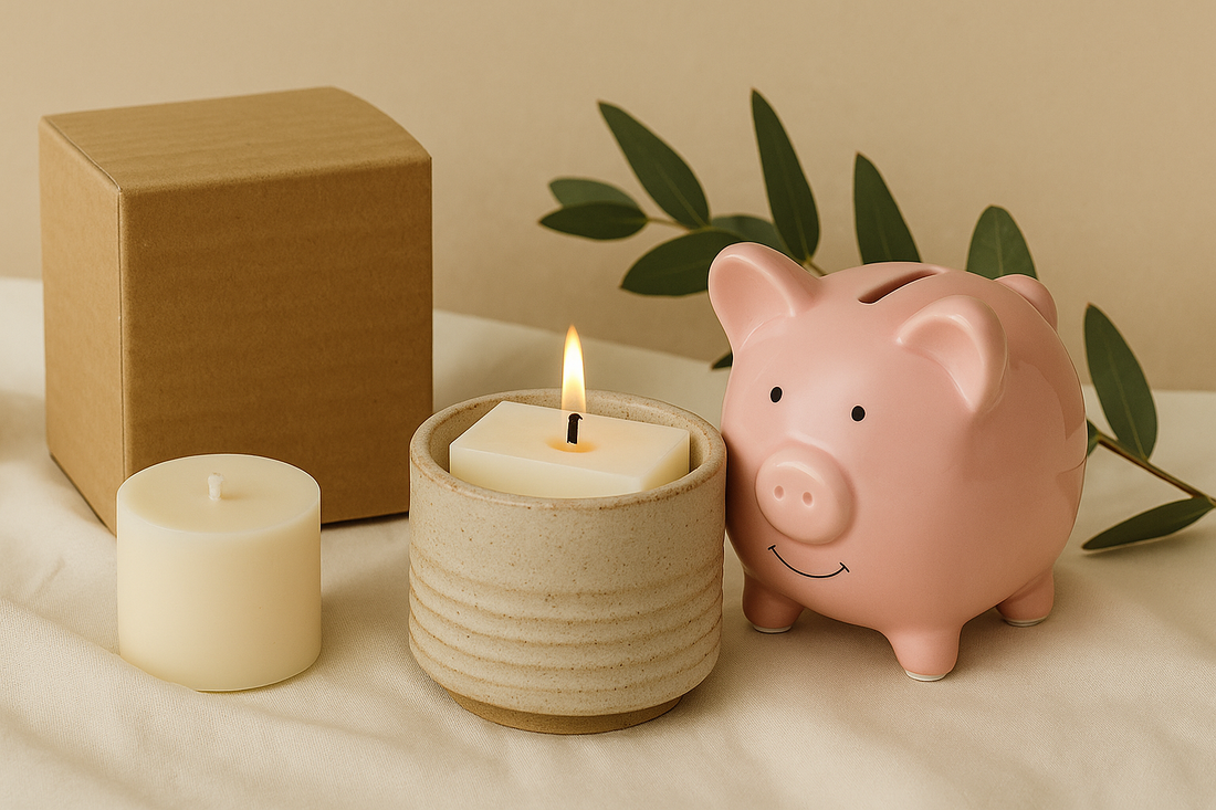 Pink piggy bank next to a lit candle in a ceramic holder with a soy wax refill.