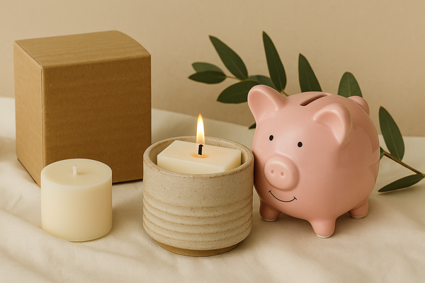 Pink piggy bank next to a lit candle in a ceramic holder with a soy wax refill.
