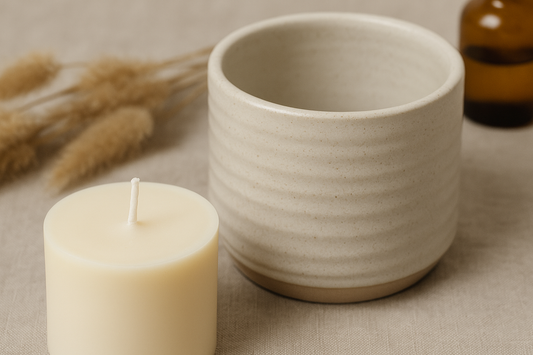 Reusable ceramic candle holder with soy wax refill on linen background.