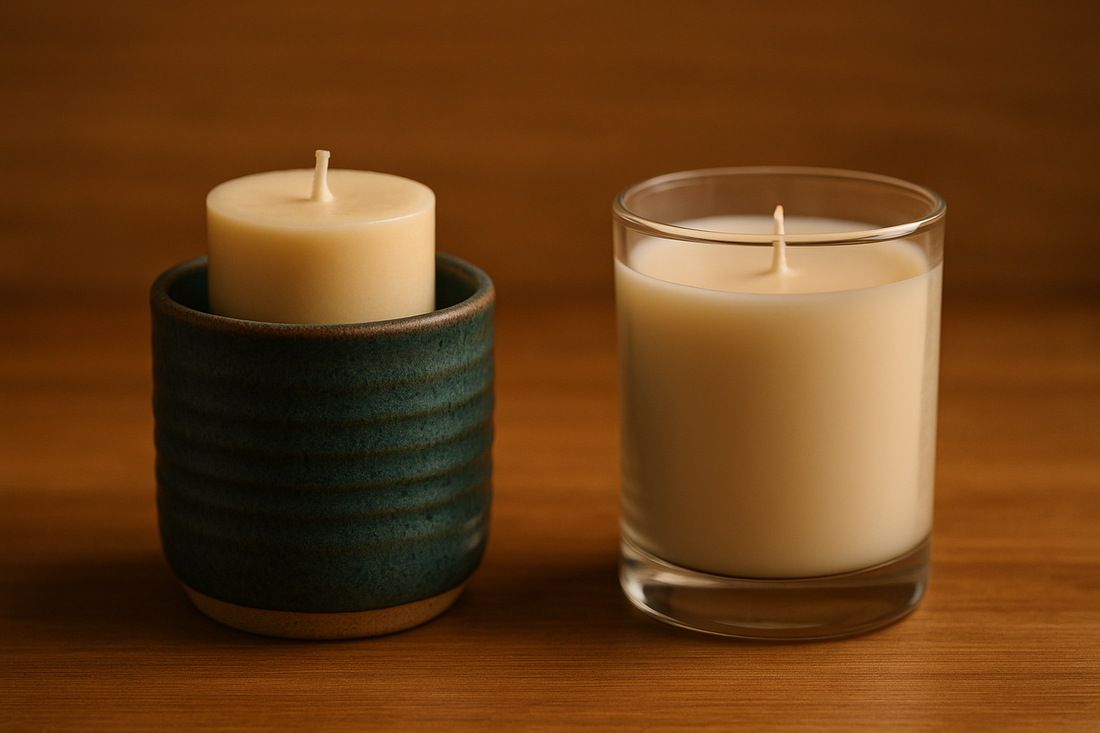 Two candles side by side—one in a ceramic refillable vessel, one in a traditional glass jar—on a wooden surface.
