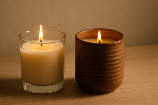 Two lit candles side by side — one in a glass vessel, the other in a ceramic vessel.