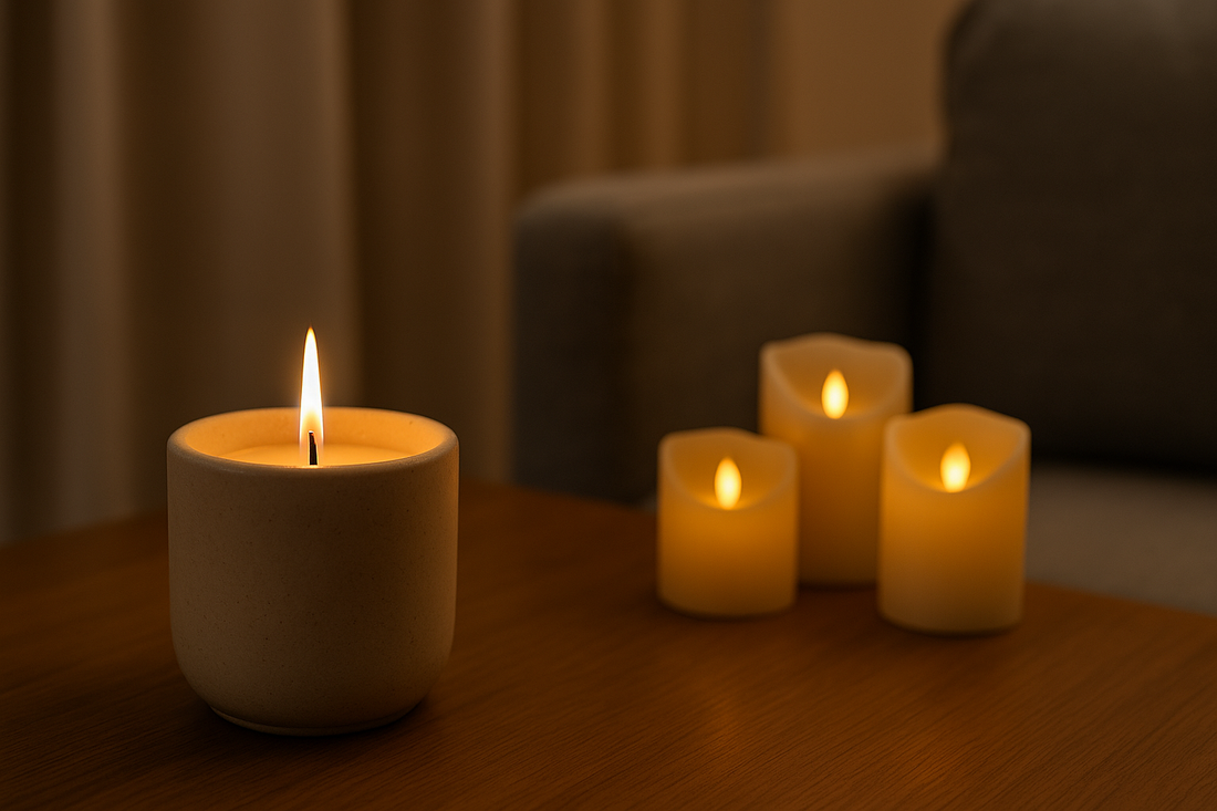 Lit candle beside LED lights