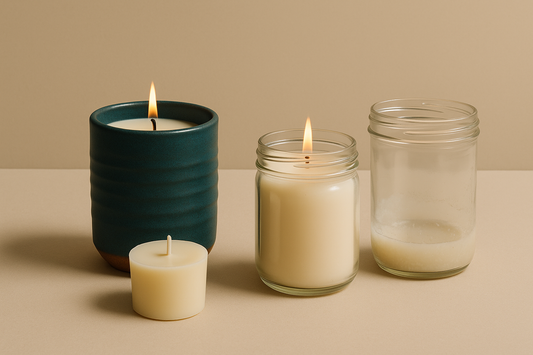 A side-by-side photo of a teal ceramic refillable candle and a pair of traditional jar candles on a neutral beige background.