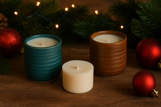 Refillable ceramic candles with festive Christmas decor in the background.