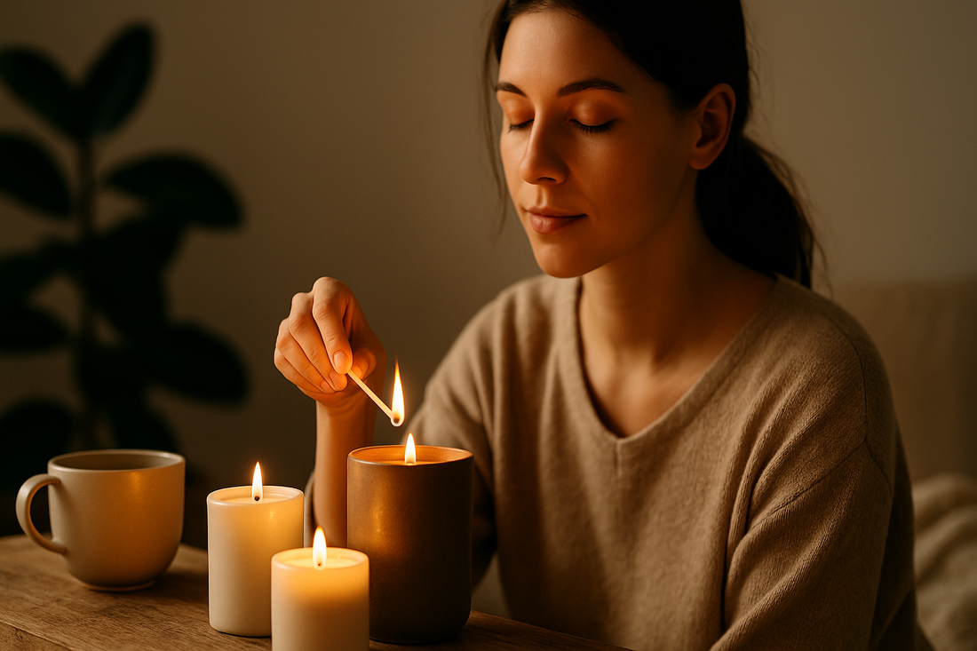 A woman lighting a candle during a quiet self-care ritual, surrounded by warm, ambient light and ceramic vessels.