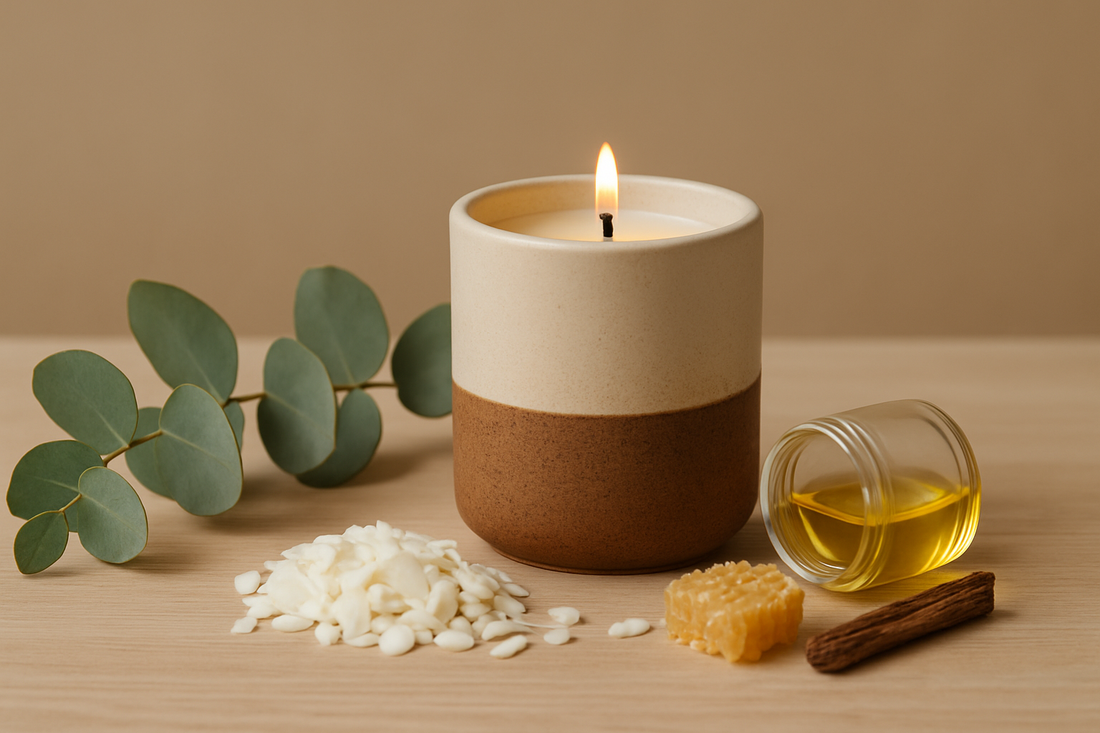 Lit soy candle in ceramic jar with natural ingredients.