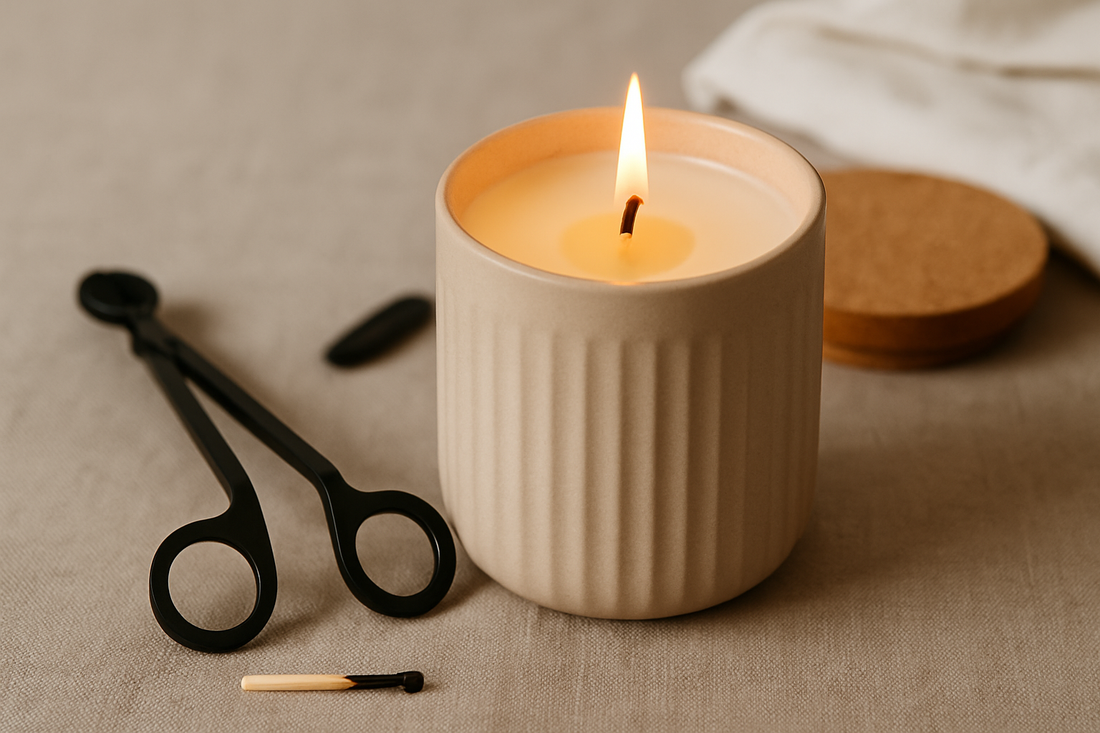 A lit candle in a beige ceramic jar sits on a neutral fabric surface, surrounded by a wick trimmer, a burnt match, and a cork lid.