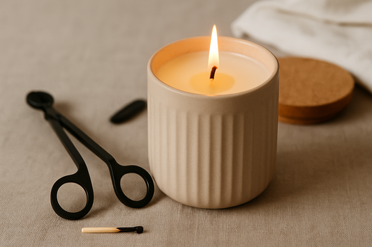 A lit candle in a beige ceramic jar sits on a neutral fabric surface, surrounded by a wick trimmer, a burnt match, and a cork lid.