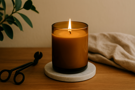 Lit amber glass candle on a marble coaster with wick trimmer and soft fabric nearby.