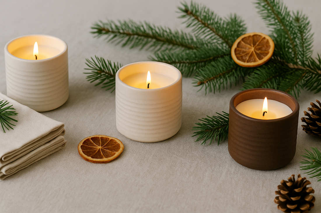 Holiday candle display with ceramic vessels, pine sprigs, and dried orange slices.