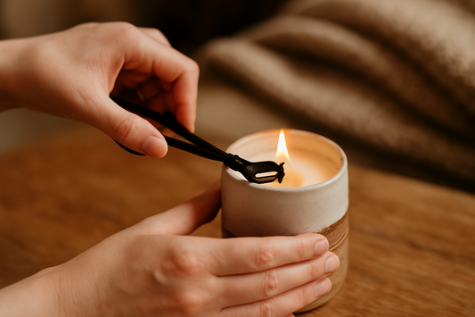 Hands trimming a candle wick with black trimmers in a cozy setting.