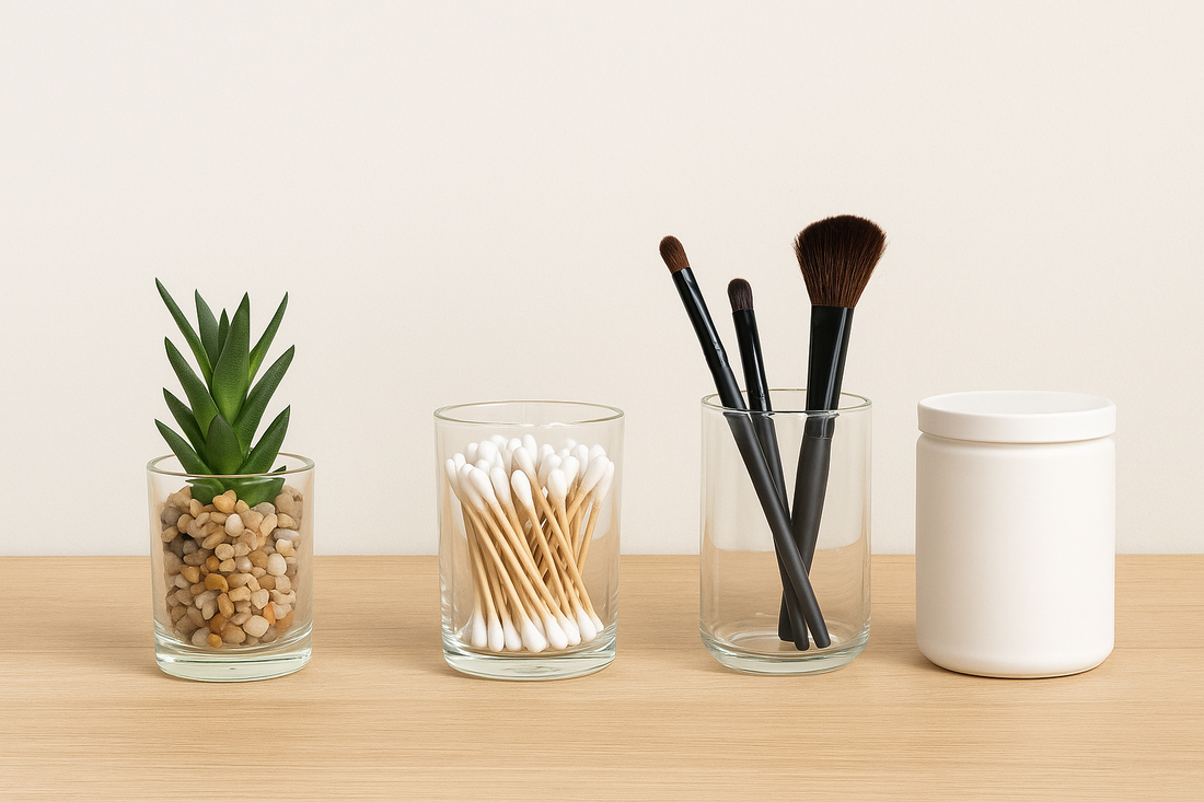 Four repurposed candle jars used for storage, decor, and organization.