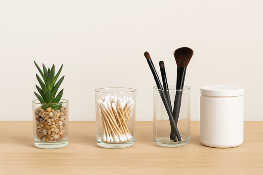 Four repurposed candle jars used for storage, decor, and organization.