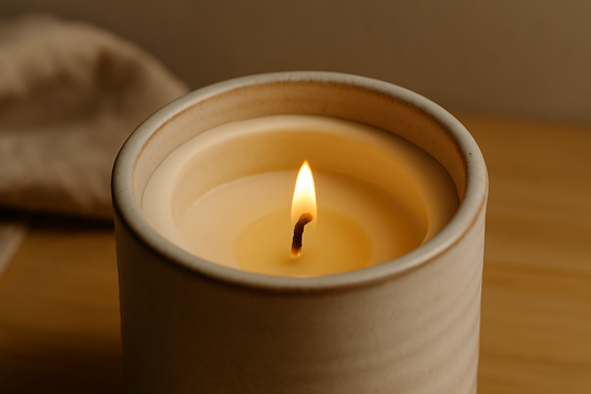 Soy wax candle burning in a ceramic vessel with an even melt pool