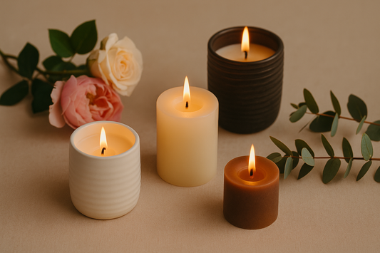 Four lit candles in ceramic and wax vessels surrounded by roses and eucalyptus on a neutral surface, creating a warm, romantic ambiance.