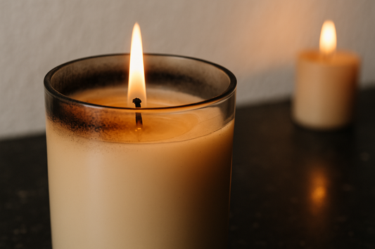 Lit candle in a glass jar with visible soot around the rim