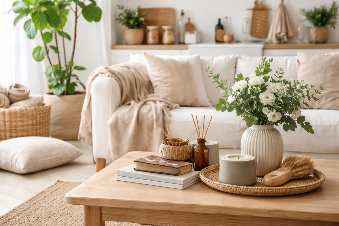 Natural-light living room with ceramic candle, flowers, and eco-friendly decor.