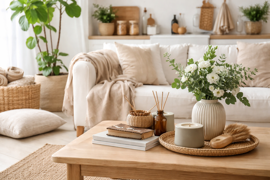 Natural-light living room with ceramic candle, flowers, and eco-friendly decor.