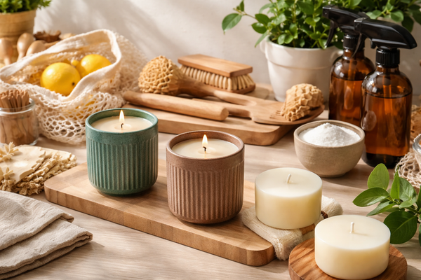 Refillable candles and sustainable home essentials on a wooden countertop