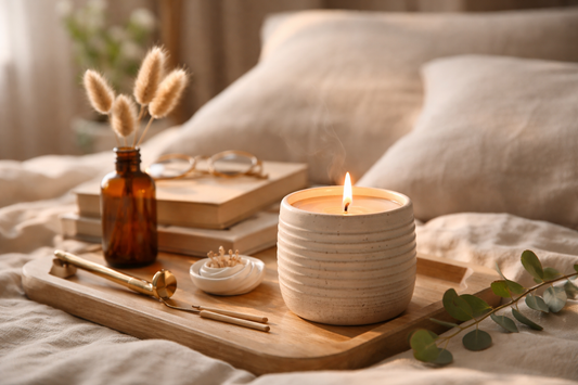 Handmade ceramic candle lit on a tray with books and dried florals.