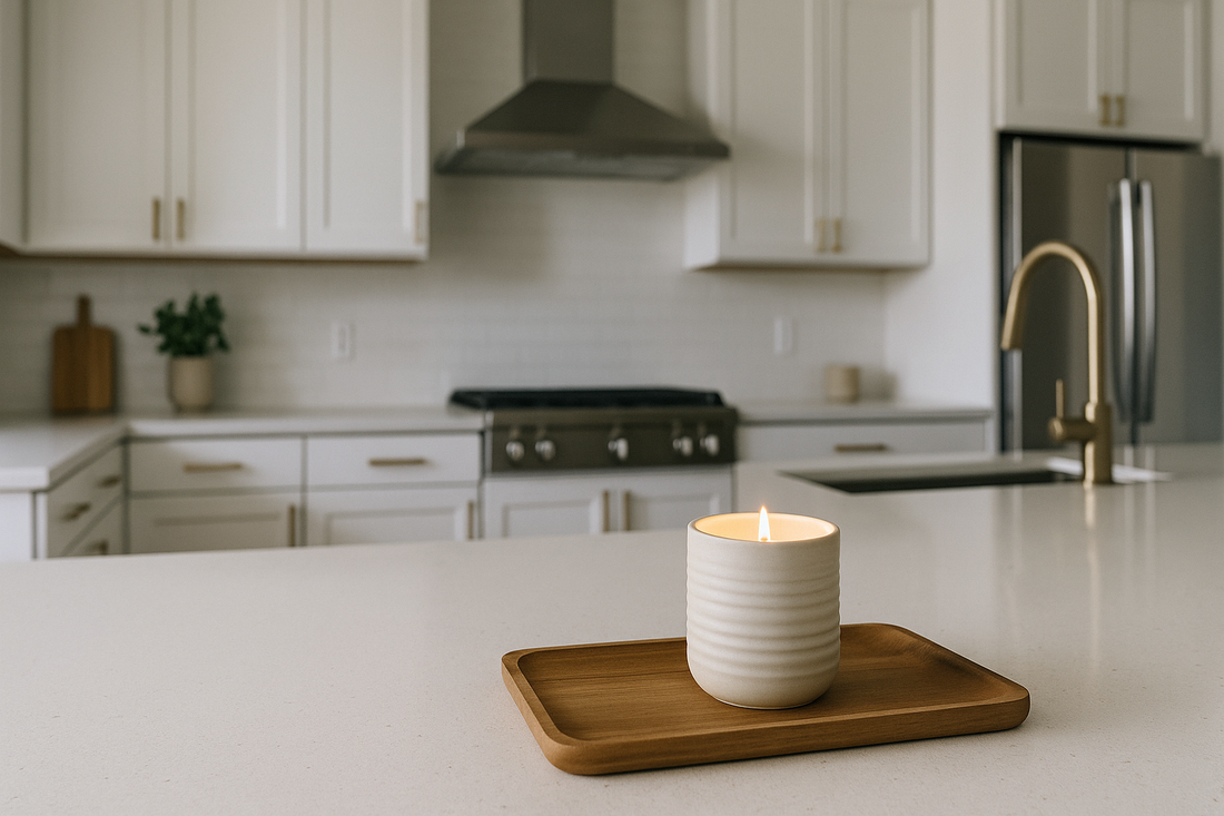 Refillable ceramic candle on a kitchen island with a modern white kitchen in the background.
