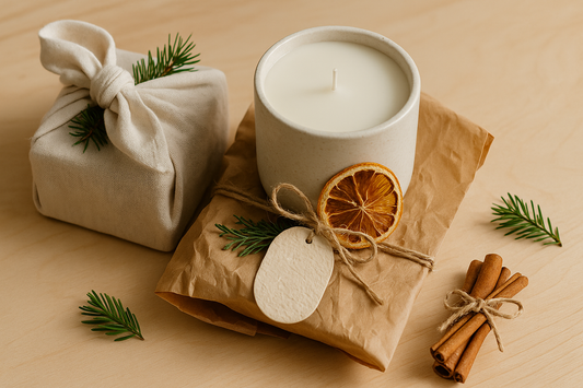 Handcrafted candle gift wrapped in kraft paper with dried orange, twine, and evergreen sprig.