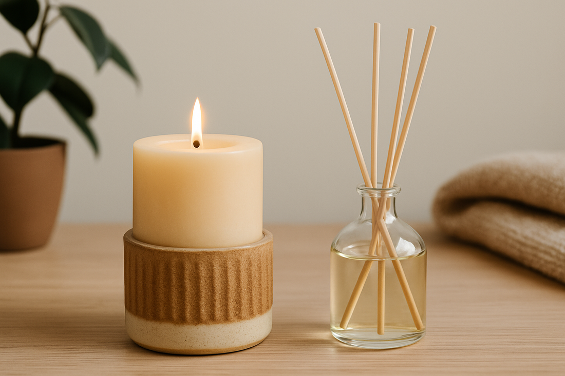 A beige candle and reed diffuser on a wooden surface with soft, natural lighting.