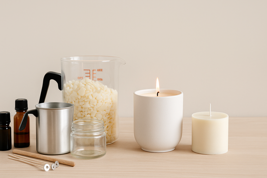DIY candle-making supplies next to a lit refillable candle in a ceramic vessel on a light wood surface.