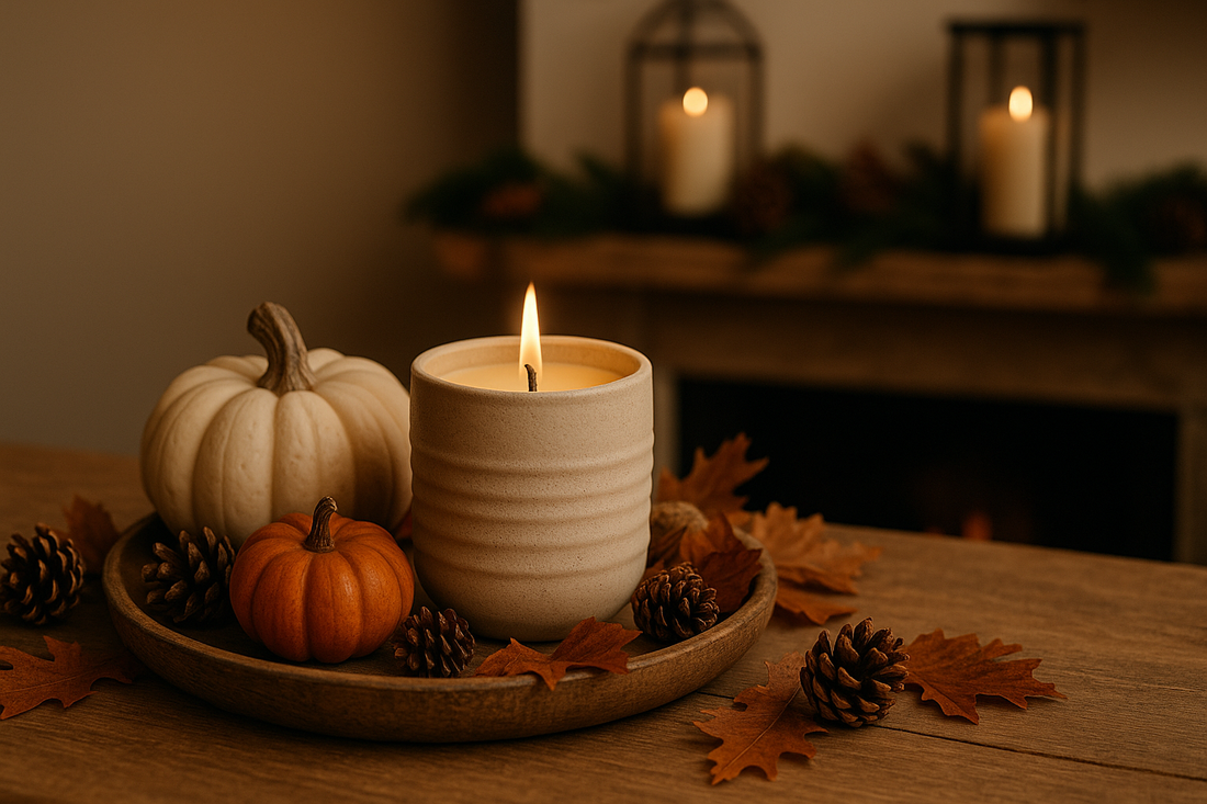 Glowing candle with pumpkins and pinecones on a fall-themed tray.