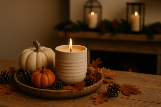 Glowing candle with pumpkins and pinecones on a fall-themed tray.