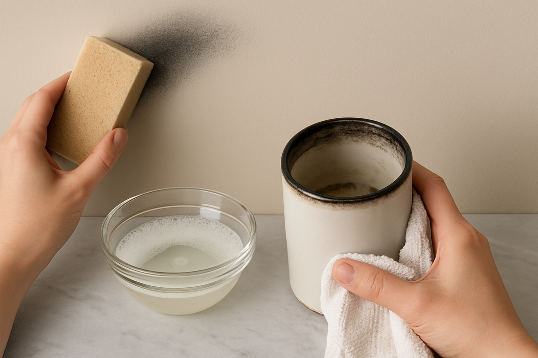Hands cleaning candle soot from a ceramic jar and wall with a sponge and cloth.