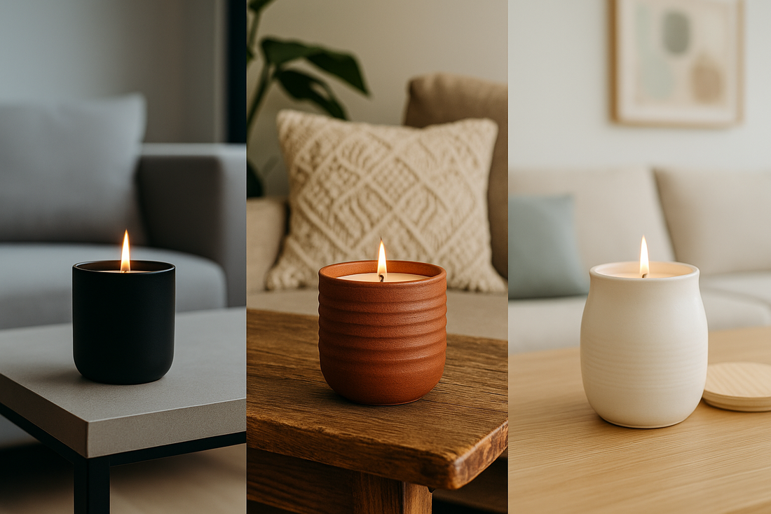 Three lit candles in modern, boho, and Scandinavian-style ceramic vessels, each placed in a matching interior setting