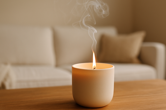 Lit ivory candle with smoke rising in a cozy, neutral-toned room.
