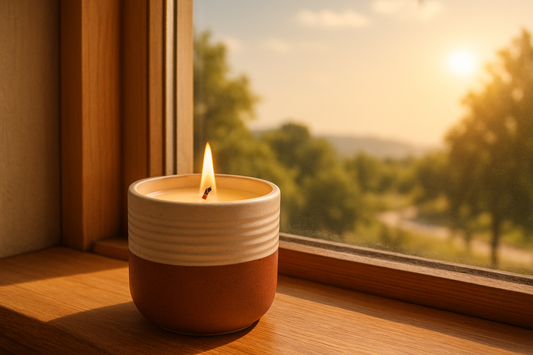 Lit candle in a ceramic vessel on a wooden windowsill with a sunlit summer landscape outside.