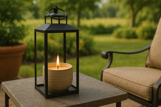 Lit candle in a ceramic vessel inside a black lantern on a stone patio table, with a garden in the background.