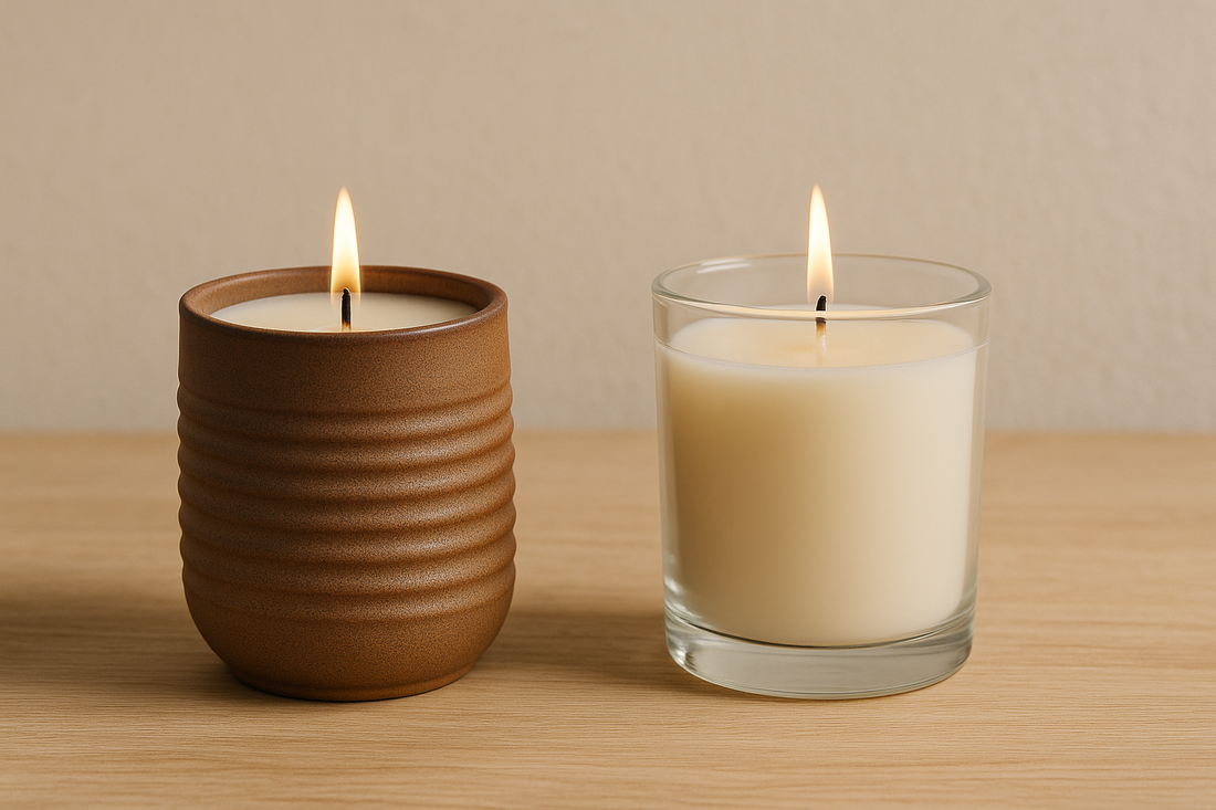 Two lit candles—one in a handmade ceramic vessel, one in a glass jar—on a wood surface.