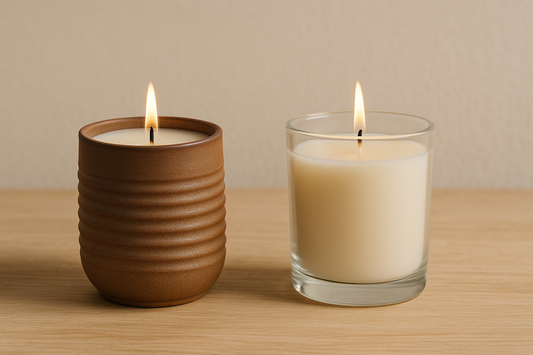 Two lit candles—one in a handmade ceramic vessel, one in a glass jar—on a wood surface.