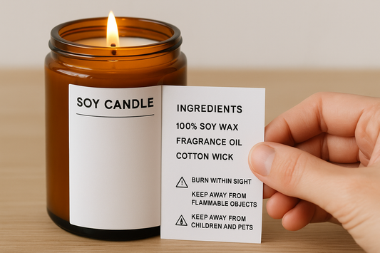 Lit soy candle in amber jar with visible ingredient label being held by hand.