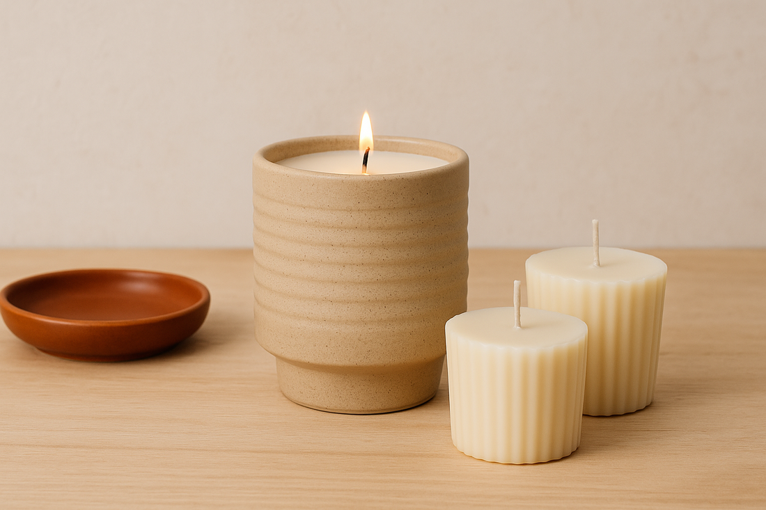 Refillable ceramic candle with two soy wax refills on a wood surface.